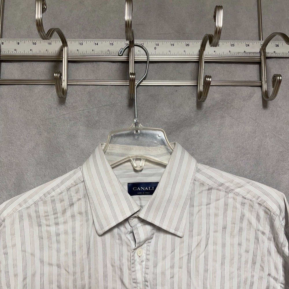 Canali Shirt‎ Men's 16.5 White Striped Italy Button Up Casual Dress Academia L